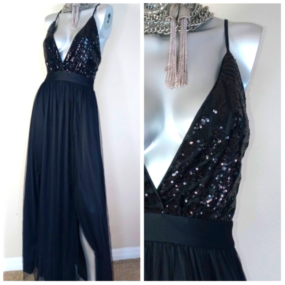 Black Sophisticated Cocktail Party Grunge Fairy Core Sequin Top Maxi Dress - Picture 13 of 16